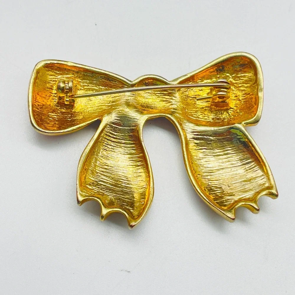 Vintage Bow Brooch Pin Red Enamel Gold Tone Scroll Accent Rhinestone Center Gift